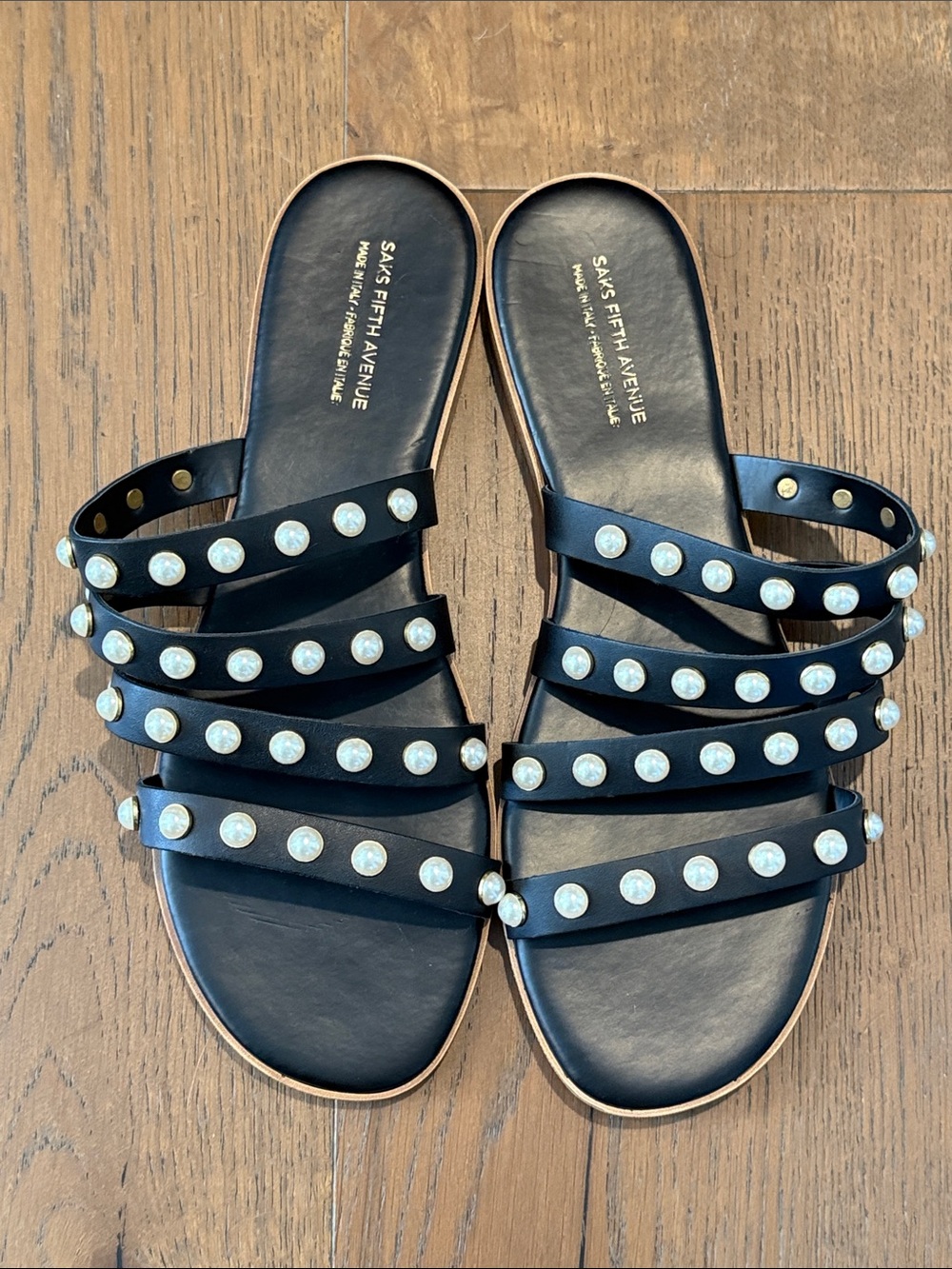NWT black strappy sandals with pearls